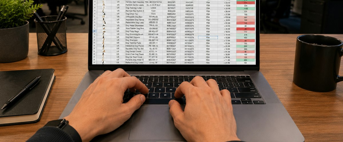 Manos trabajando en una hoja de cálculo con datos de clientes